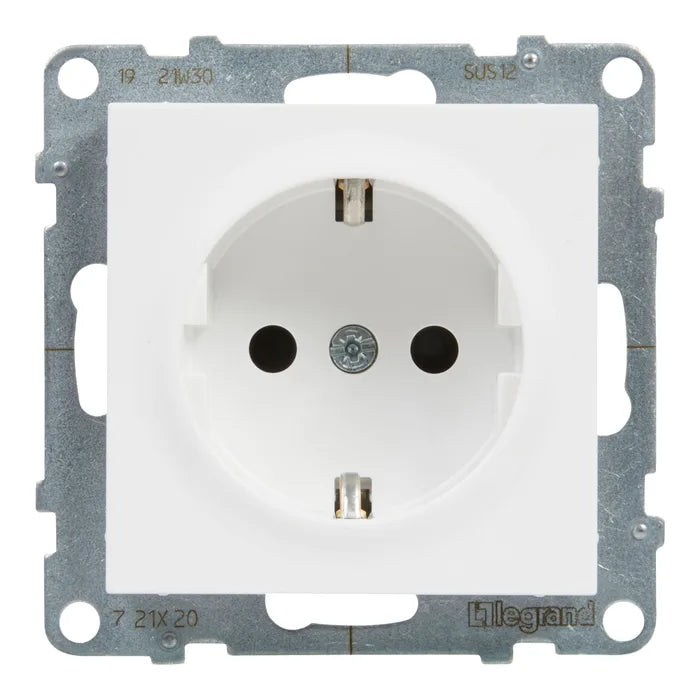 Priza schuko simpla Legrand New Suno 721120, incastrata, contact de protectie, alba