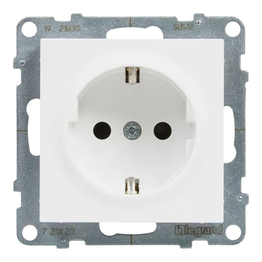 Priza schuko simpla Legrand New Suno 721120, incastrata, contact de protectie, alba